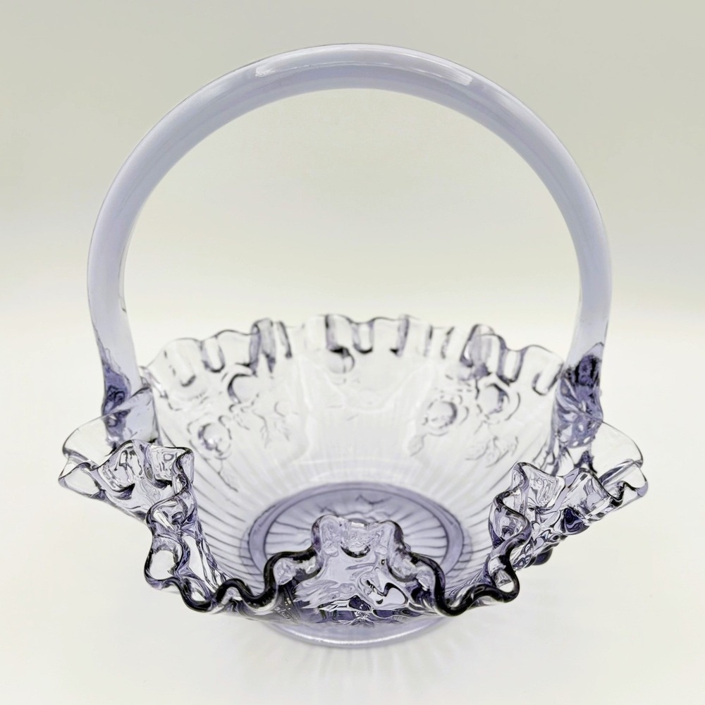 Fenton Rose Pattern Lavender Bride Basket Ruffled Edge Handled Bowl Vintage